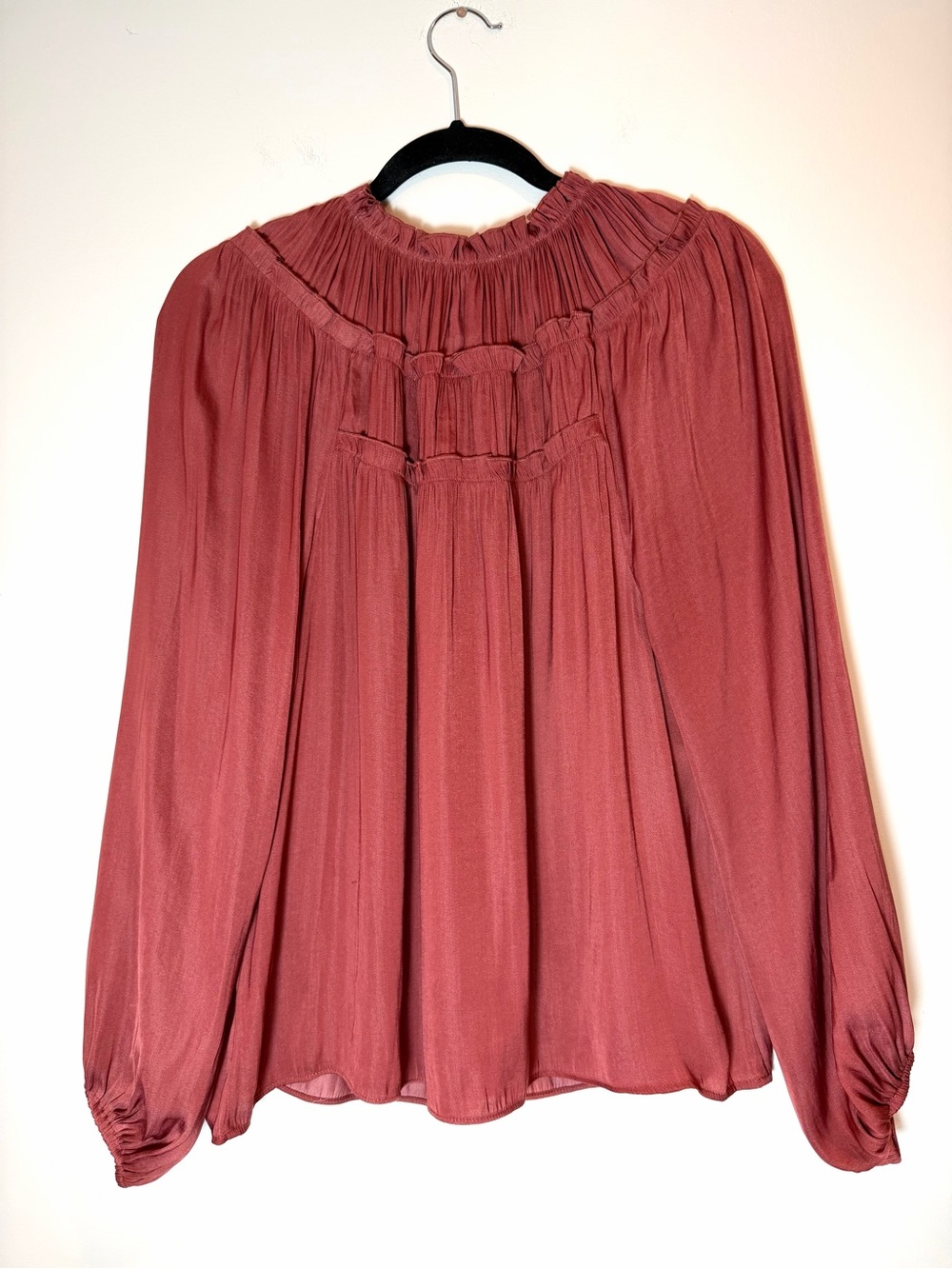 EVEREVE Pleated Neck Tie Front Blouse Rust Orange Terracotta Peasant Top Medium - Picture 5 of 8